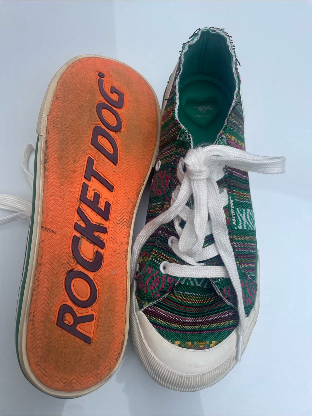 Rocket Dog Green Multi-Stripe Canvas Trainer with Orange Sole